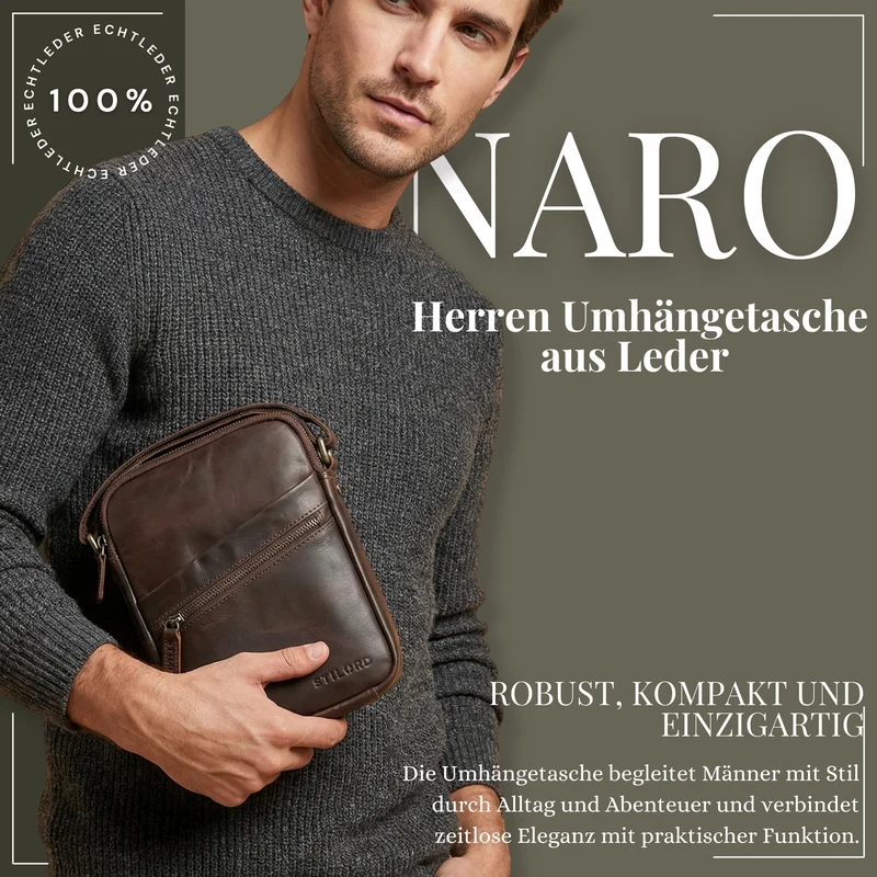 "Naro" Stilvolle Umhängetasche Herren Leder Klein für Tablet bis 10 Zoll