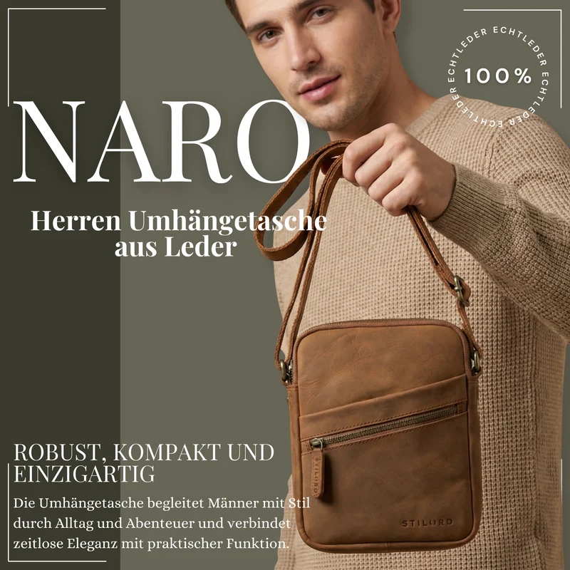 "Naro" Stilvolle Umhängetasche Herren Leder Klein für Tablet bis 10 Zoll