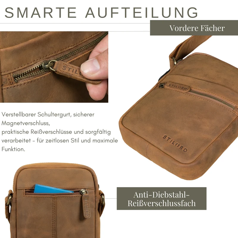 "Naro" Stilvolle Umhängetasche Herren Leder Klein für Tablet bis 10 Zoll