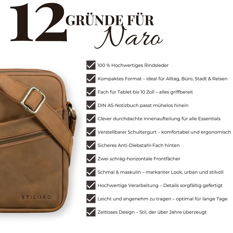"Naro" Stilvolle Umhängetasche Herren Leder Klein für Tablet bis 10 Zoll