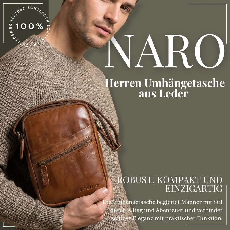 "Naro" Stilvolle Umhängetasche Herren Leder Klein für Tablet bis 10 Zoll