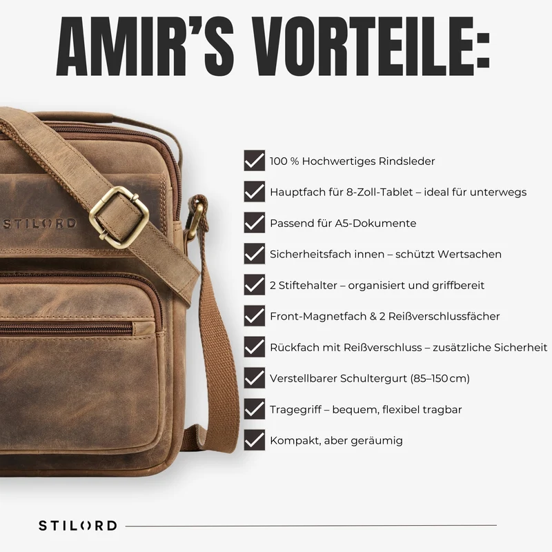 "Amir" Umhängetasche Leder Kleine Ledertasche Herren Männerhandtasche
