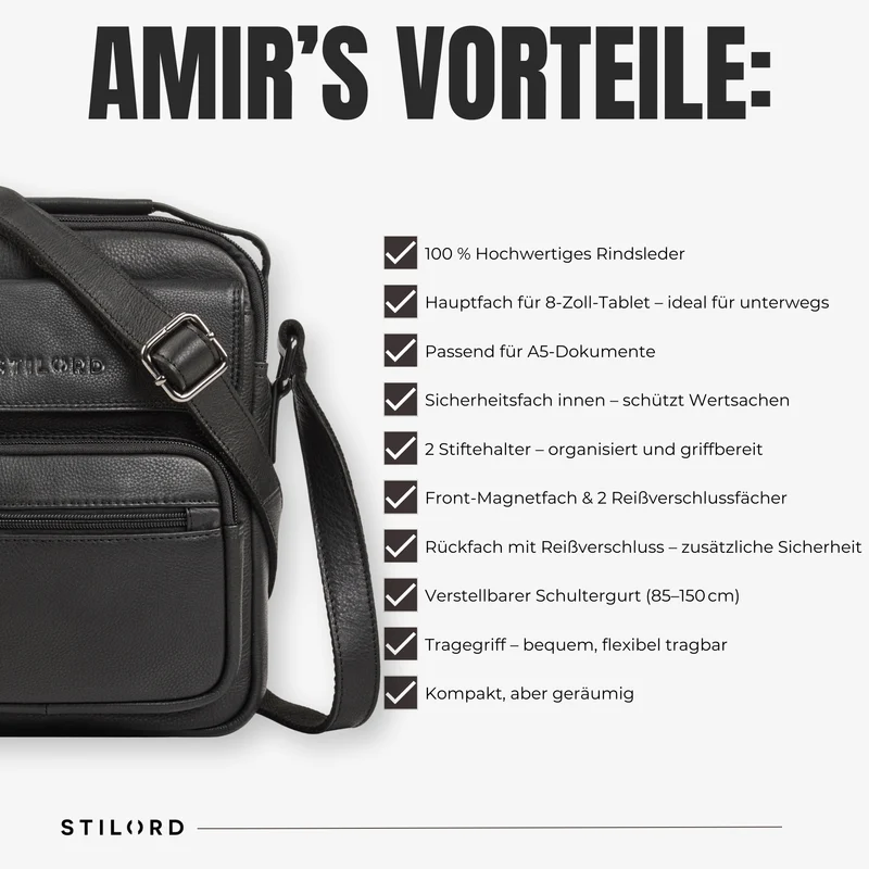 "Amir" Umhängetasche Leder Kleine Ledertasche Herren Männerhandtasche
