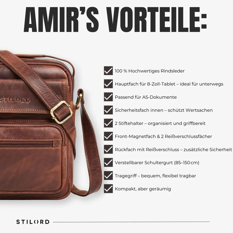 "Amir" Umhängetasche Leder Kleine Ledertasche Herren Männerhandtasche