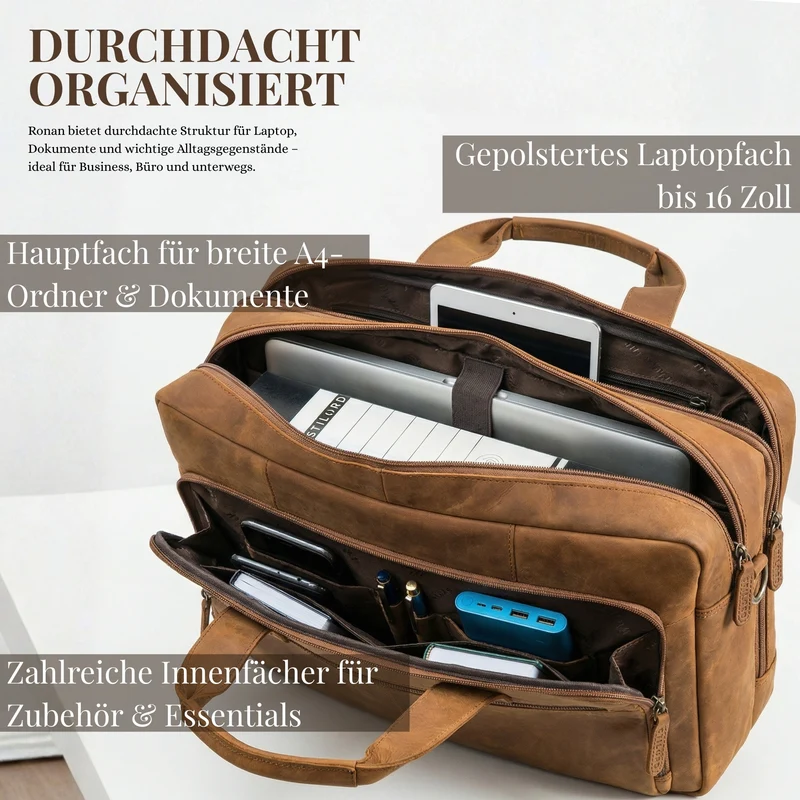 "Ronan" Premium Business Aktentasche Herren Leder Groß 16 Zoll