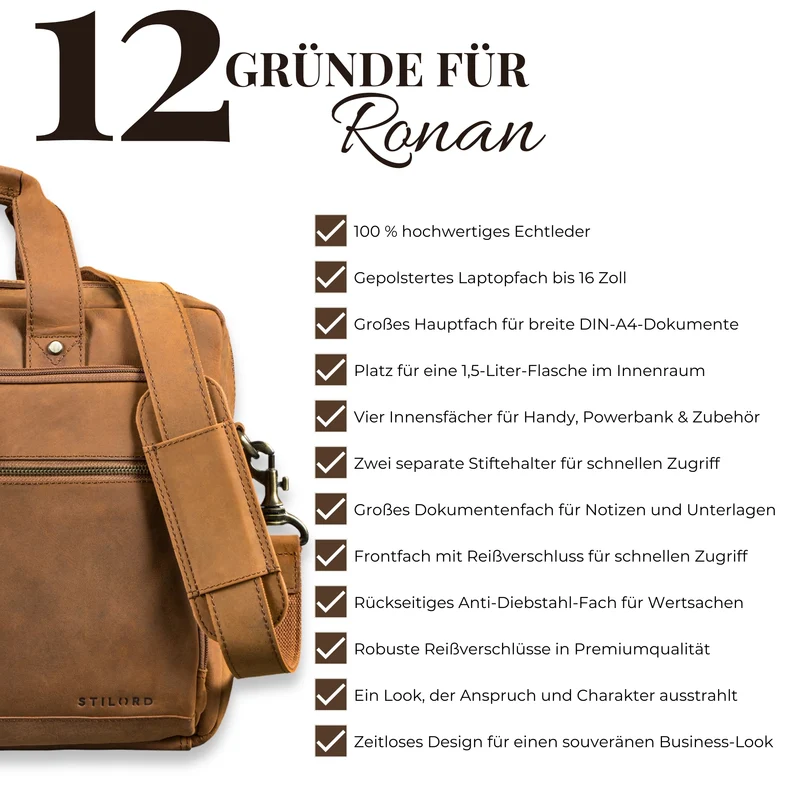 "Ronan" Premium Business Aktentasche Herren Leder Groß 16 Zoll