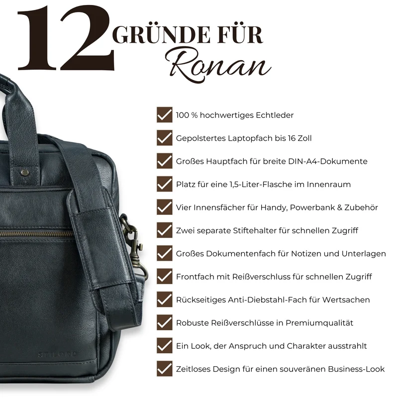 "Ronan" Premium Business Aktentasche Herren Leder Groß 16 Zoll