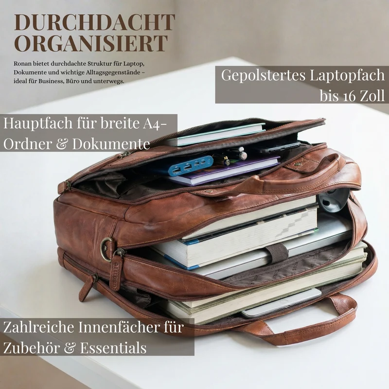 "Ronan" Premium Business Aktentasche Herren Leder Groß 16 Zoll