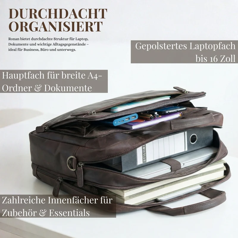 "Ronan" Premium Business Aktentasche Herren Leder Groß 16 Zoll