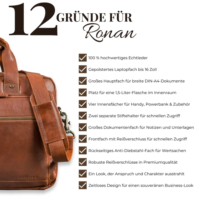 "Ronan" Premium Business Aktentasche Herren Leder Groß 16 Zoll