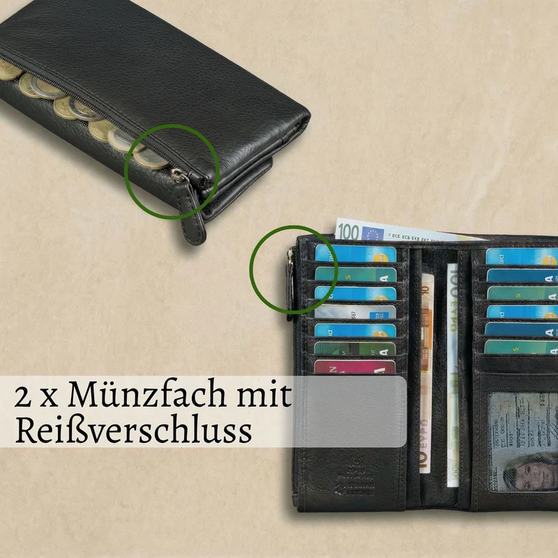 "Lena" Aufklappbare XL Geldbörse Damen Leder mit zwei Münzfächer