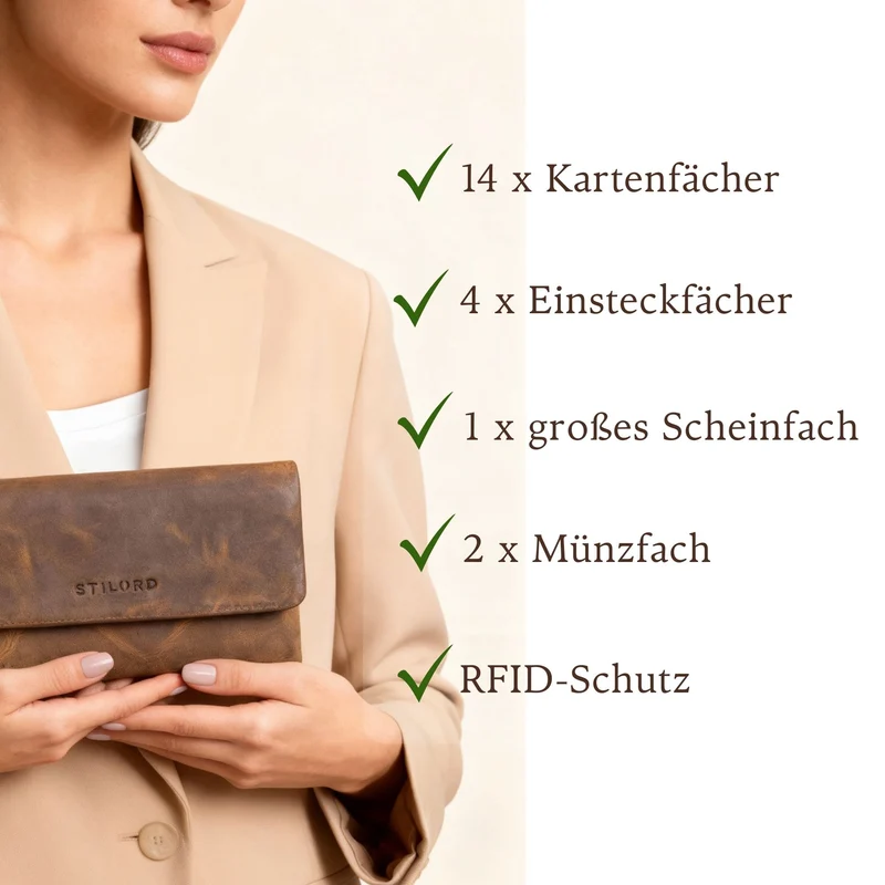 "Lena" Aufklappbare XL Geldbörse Damen Leder mit zwei Münzfächer