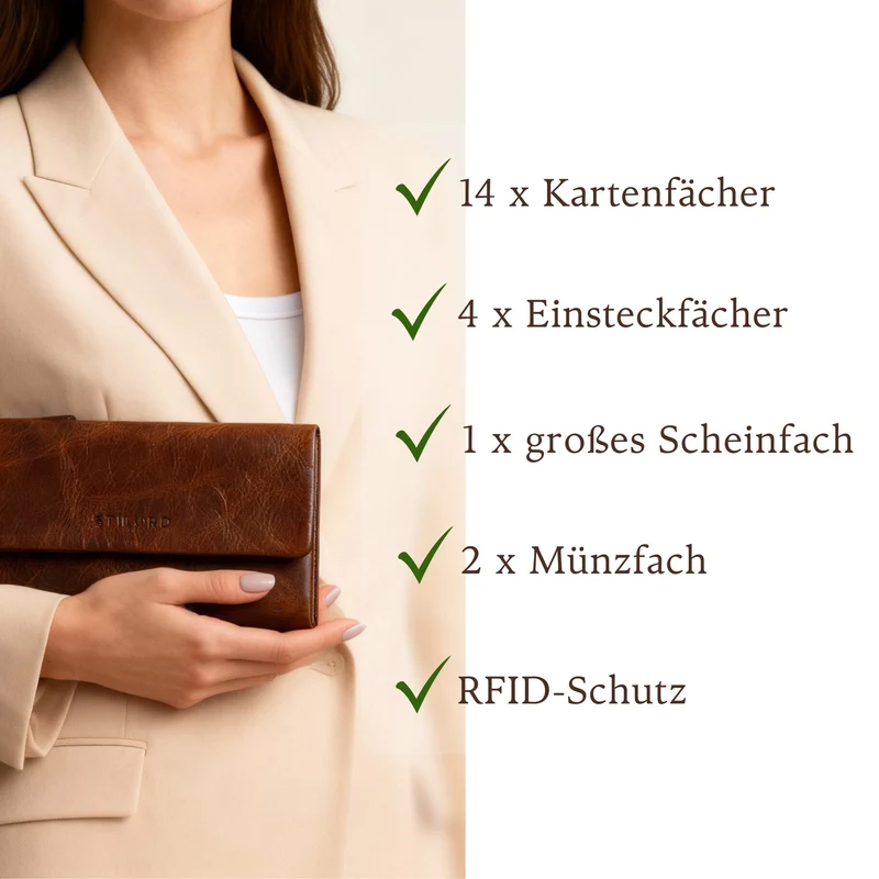 "Lena" Aufklappbare XL Geldbörse Damen Leder mit zwei Münzfächer