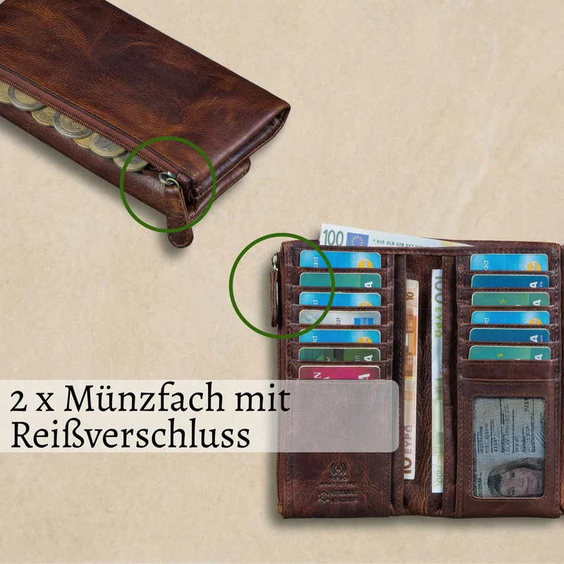 "Lena" Aufklappbare XL Geldbörse Damen Leder mit zwei Münzfächer
