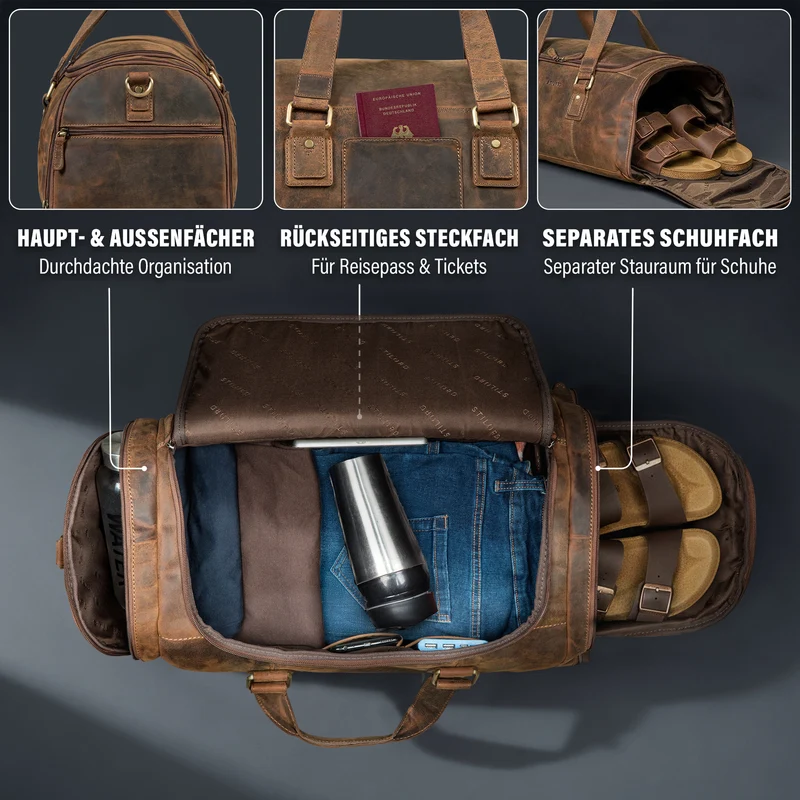 "Salvador" Robuster Weekender Herren Leder mit Schuhfach 30L
