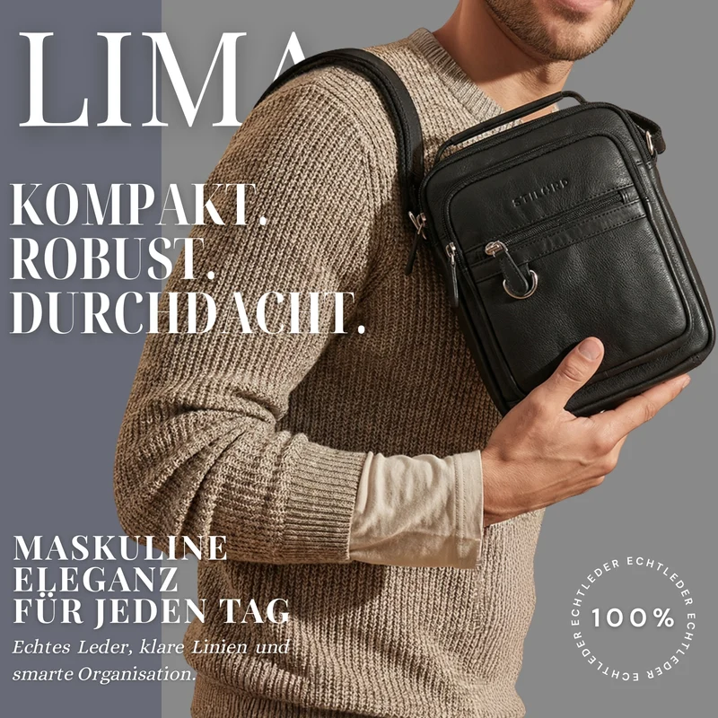 "Lima" Umhängetasche Herren Klein Leder Tragegriff Tablet 9,7 Zoll