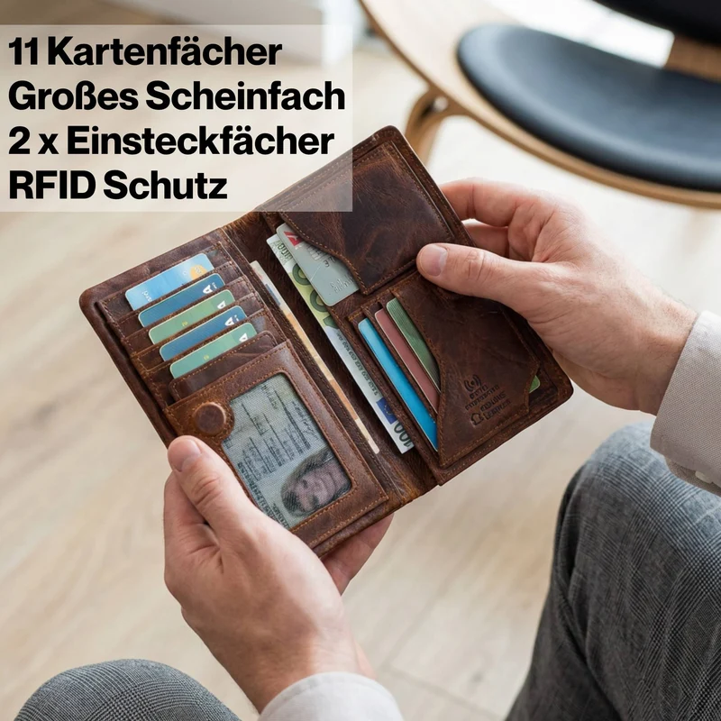 "Kenan" XL Leder Portemonnaie Herren mit Münzfach & RFID für 11 Karten