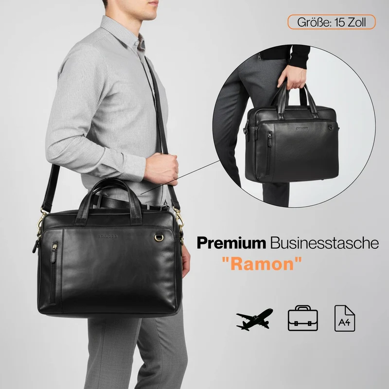 "Ramon" Premium Leder Aktentasche Groß mit Laptopfach 15 Zoll Herren