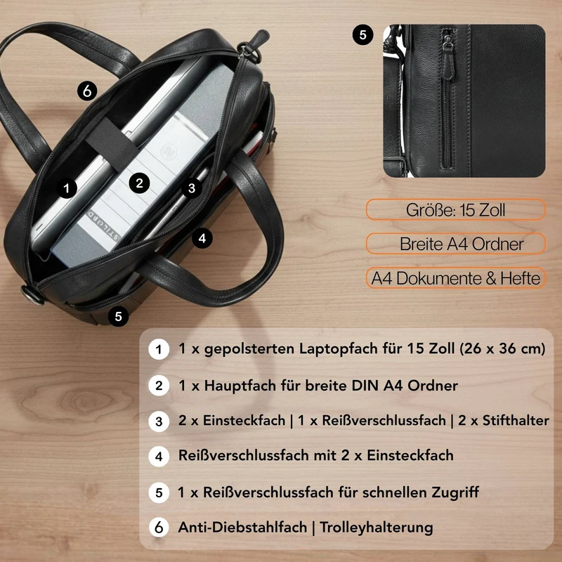 "Ramon" Premium Leder Aktentasche Groß mit Laptopfach 15 Zoll Herren