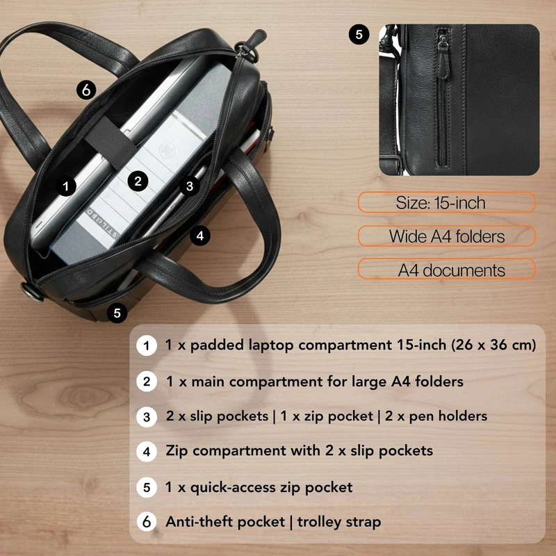 "Ramon" Premium Leder Aktentasche Groß mit Laptopfach 15 Zoll Herren