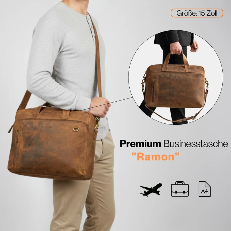 "Ramon" Premium Leder Aktentasche Groß mit Laptopfach 15 Zoll Herren