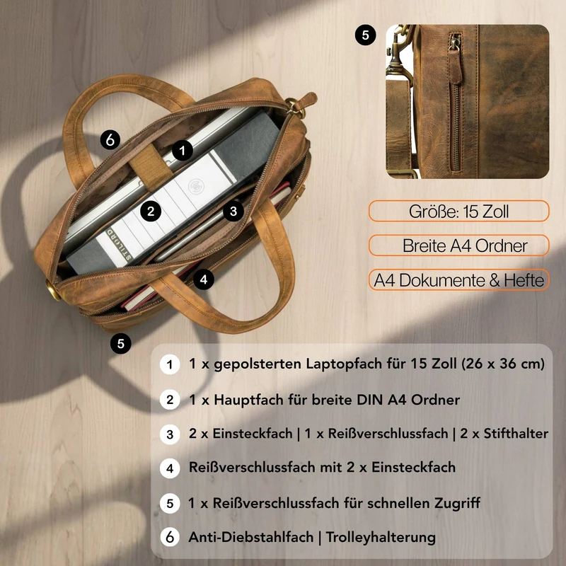"Ramon" Premium Leder Aktentasche Groß mit Laptopfach 15 Zoll Herren