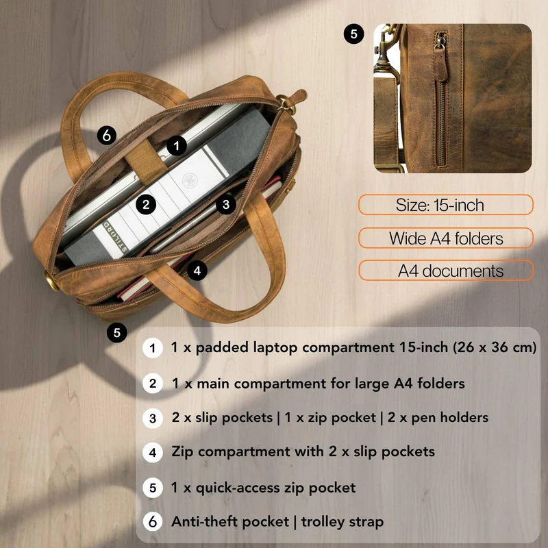 "Ramon" Premium Leder Aktentasche Groß mit Laptopfach 15 Zoll Herren