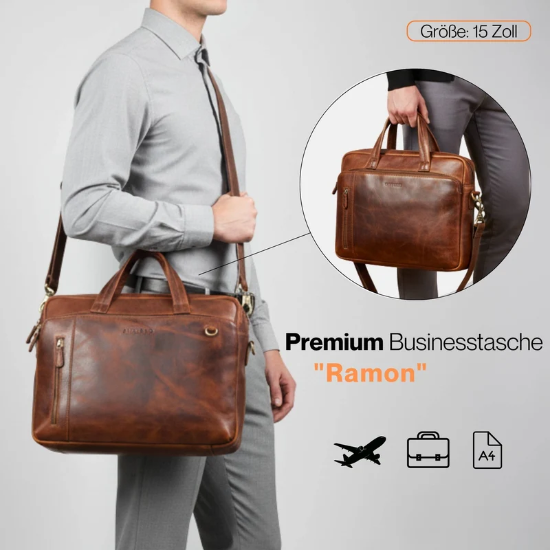 "Ramon" Premium Leder Aktentasche Groß mit Laptopfach 15 Zoll Herren