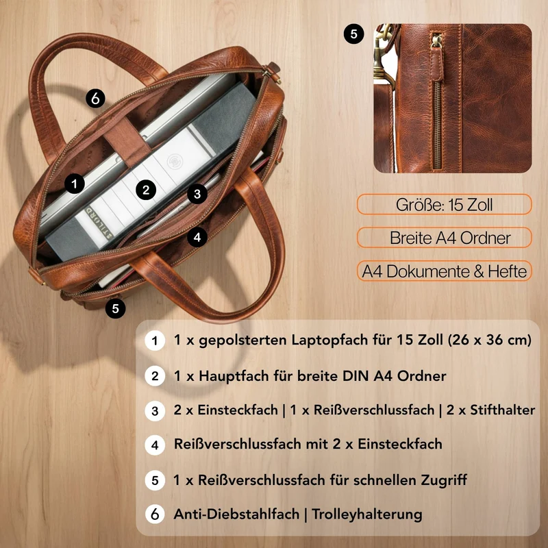 "Ramon" Premium Leder Aktentasche Groß mit Laptopfach 15 Zoll Herren
