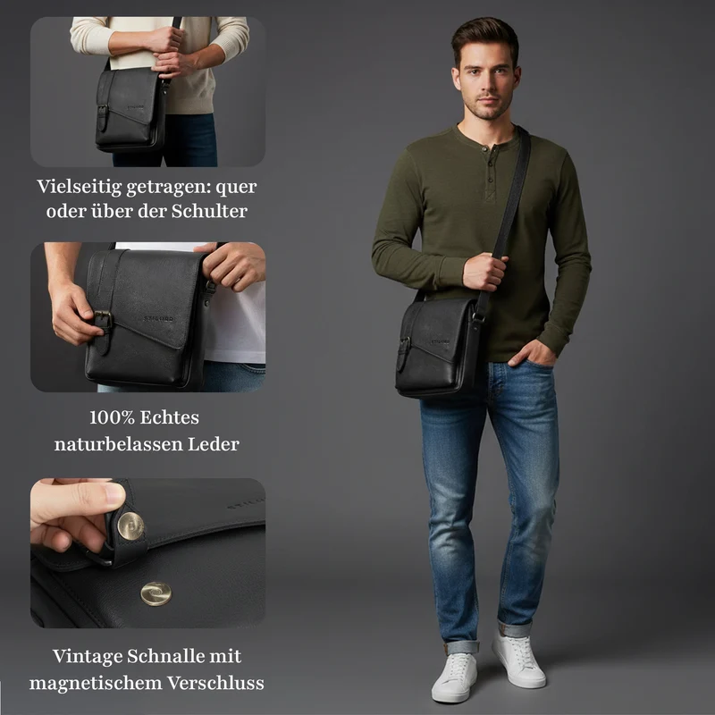 "Ryder" Kleine Vintage Leder Herrenhandtasche zum Umhängen