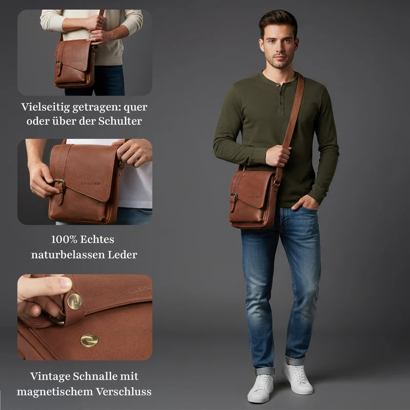 "Ryder" Kleine Vintage Leder Herrenhandtasche zum Umhängen