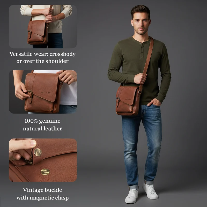 "Ryder" Kleine Vintage Leder Herrenhandtasche zum Umhängen