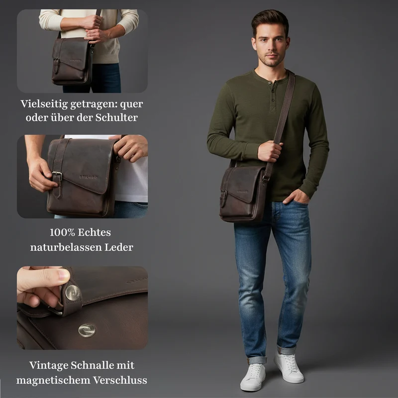 "Ryder" Kleine Vintage Leder Herrenhandtasche zum Umhängen