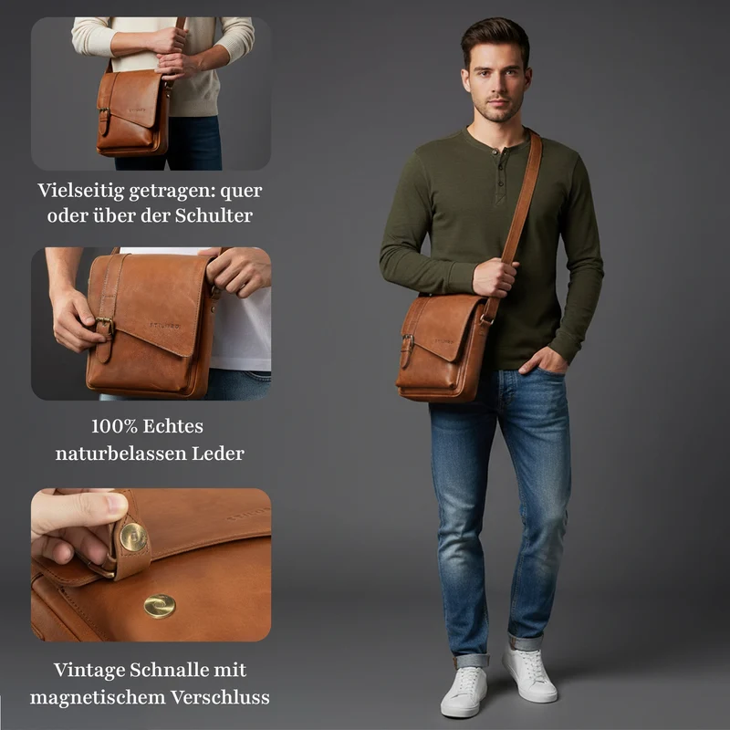 "Ryder" Kleine Vintage Leder Herrenhandtasche zum Umhängen