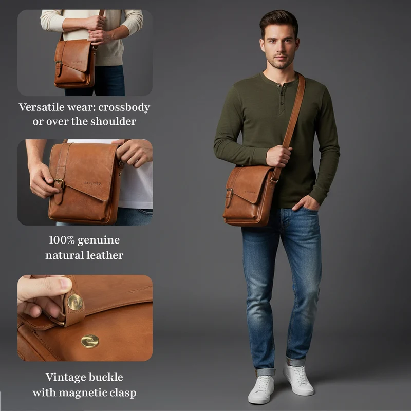"Ryder" Kleine Vintage Leder Herrenhandtasche zum Umhängen