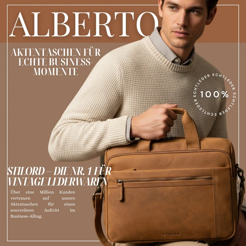 "Alberto" Geräumige Laptoptasche 15.6 Zoll Leder für Herren