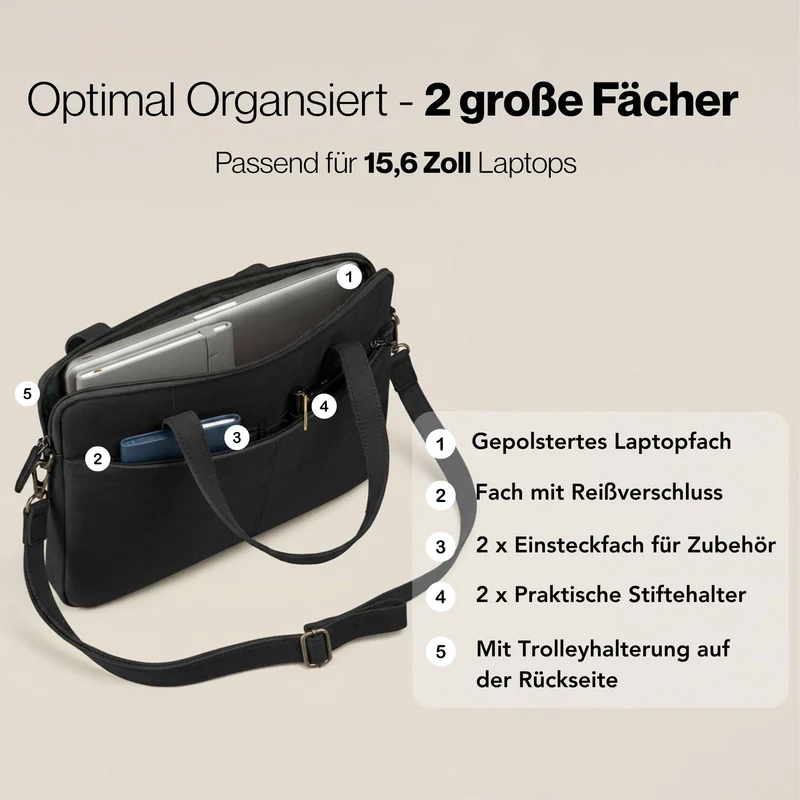 "Leonel" Dünne Leder Herren Laptoptasche 15.6 Zoll mit Gurt & Griff