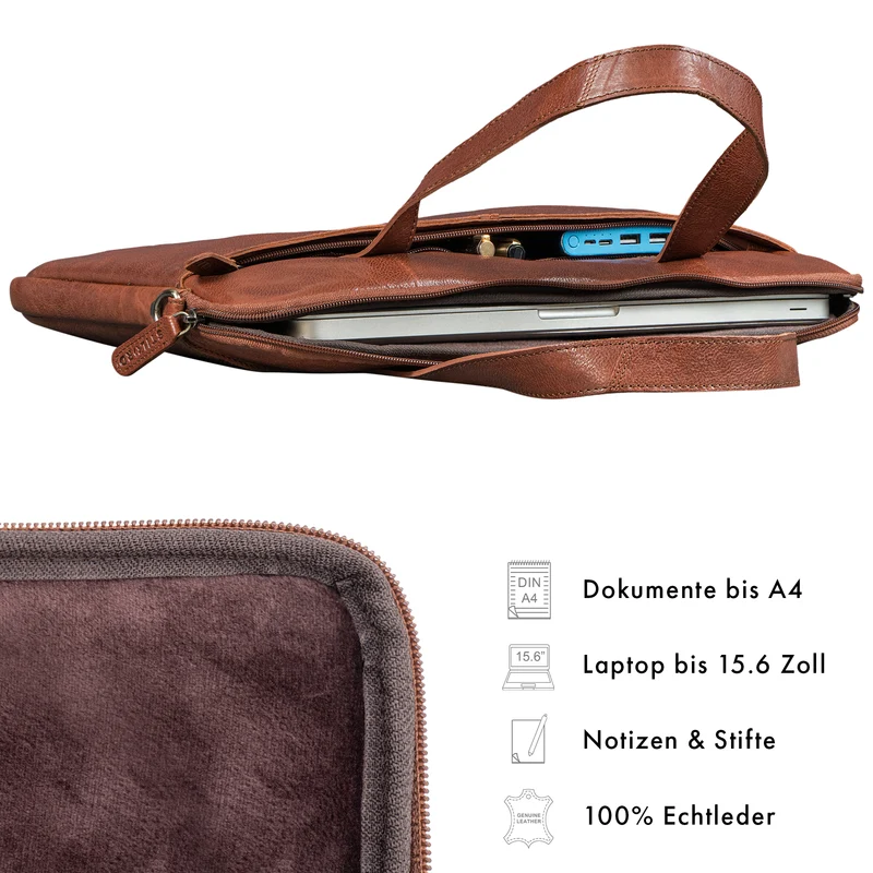"Leonel" Dünne Leder Herren Laptoptasche 15.6 Zoll mit Gurt & Griff