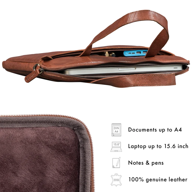 "Leonel" Dünne Leder Herren Laptoptasche 15.6 Zoll mit Gurt & Griff