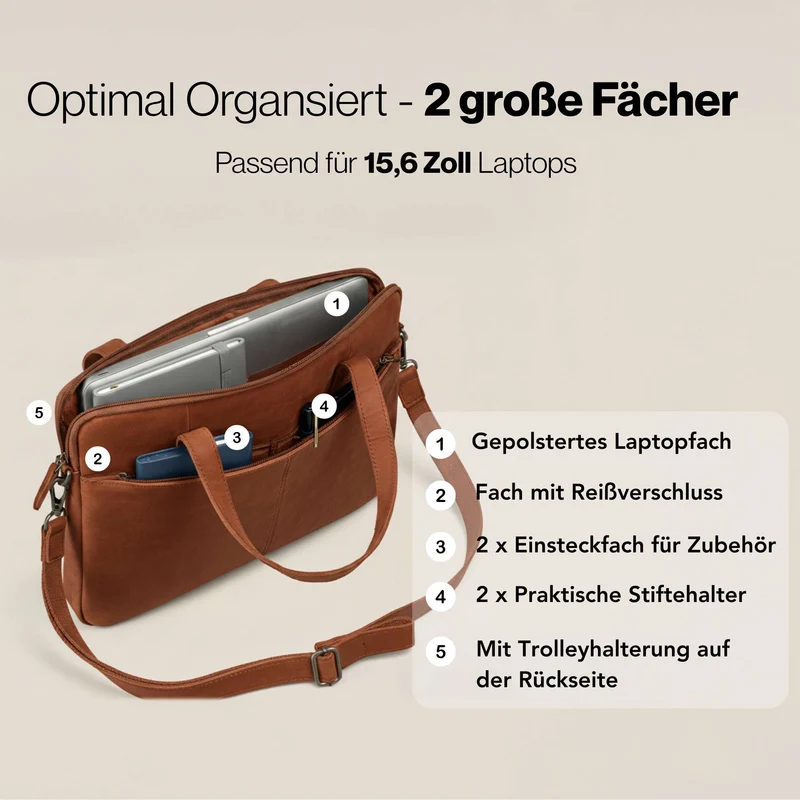 "Leonel" Dünne Leder Herren Laptoptasche 15.6 Zoll mit Gurt & Griff
