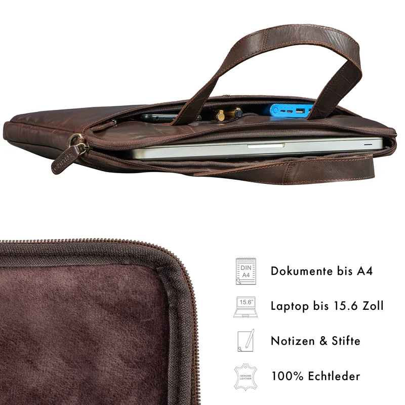 "Leonel" Dünne Leder Herren Laptoptasche 15.6 Zoll mit Gurt & Griff