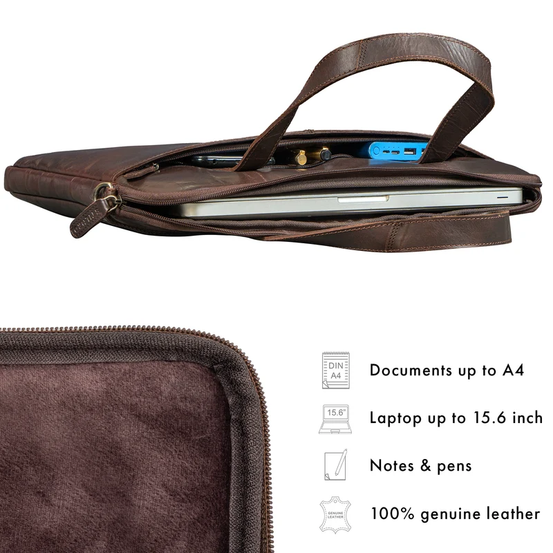 "Leonel" Dünne Leder Herren Laptoptasche 15.6 Zoll mit Gurt & Griff