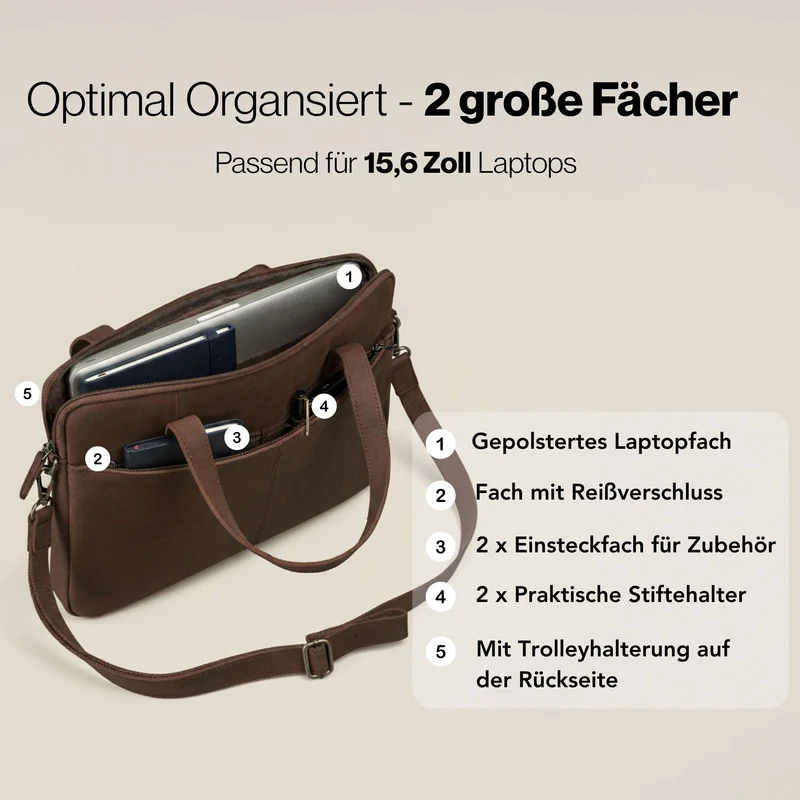 "Leonel" Dünne Leder Herren Laptoptasche 15.6 Zoll mit Gurt & Griff
