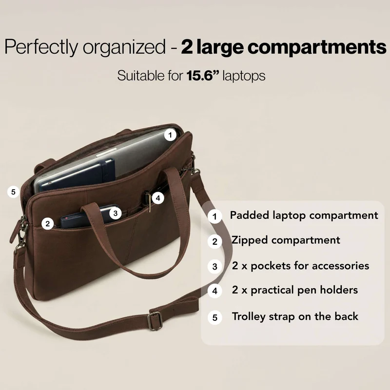 "Leonel" Dünne Leder Herren Laptoptasche 15.6 Zoll mit Gurt & Griff