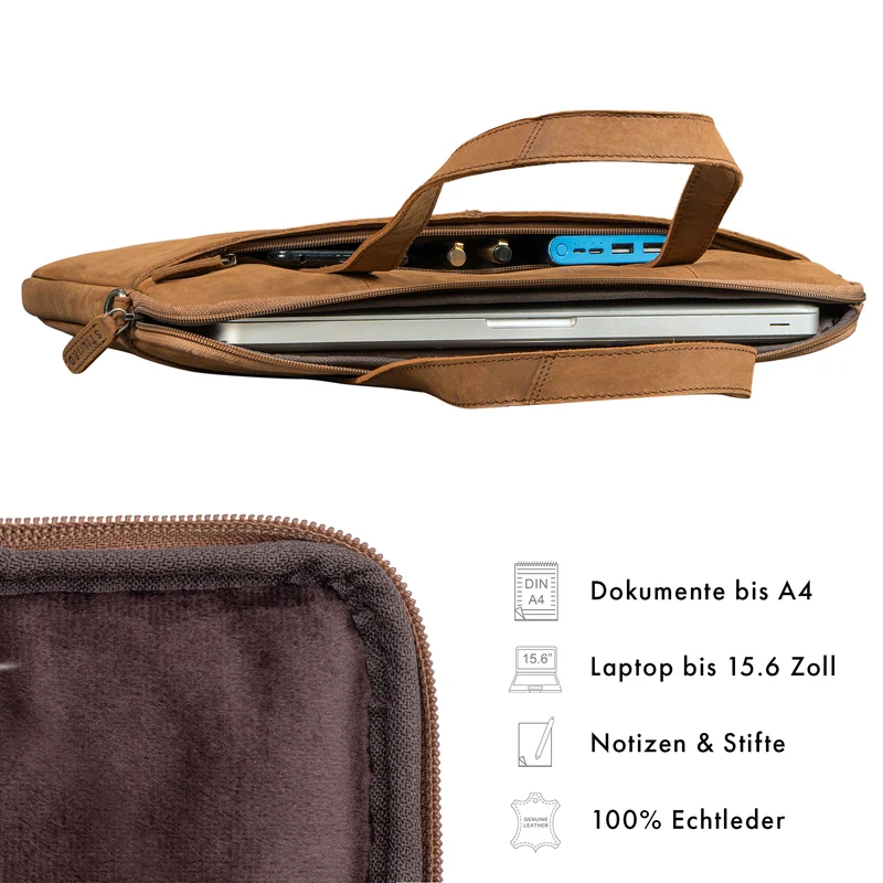 "Leonel" Dünne Leder Herren Laptoptasche 15.6 Zoll mit Gurt & Griff