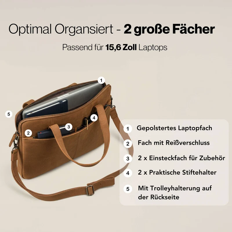 "Leonel" Dünne Leder Herren Laptoptasche 15.6 Zoll mit Gurt & Griff