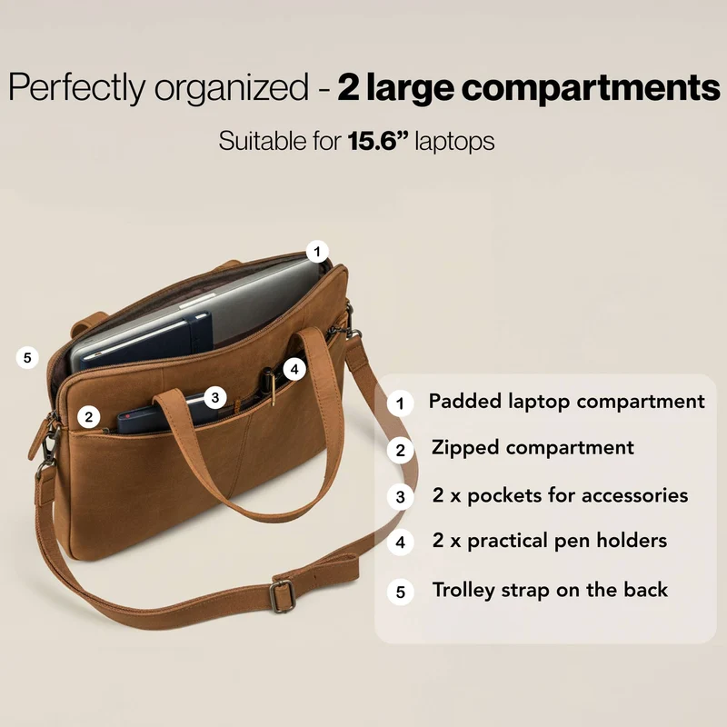 "Leonel" Dünne Leder Herren Laptoptasche 15.6 Zoll mit Gurt & Griff