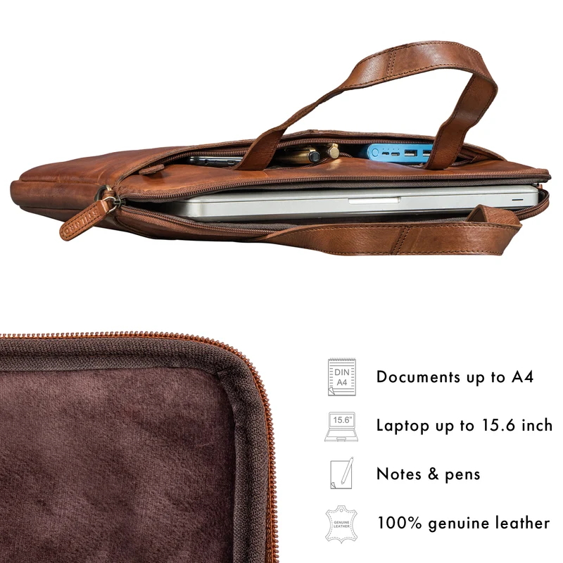 "Leonel" Dünne Leder Herren Laptoptasche 15.6 Zoll mit Gurt & Griff