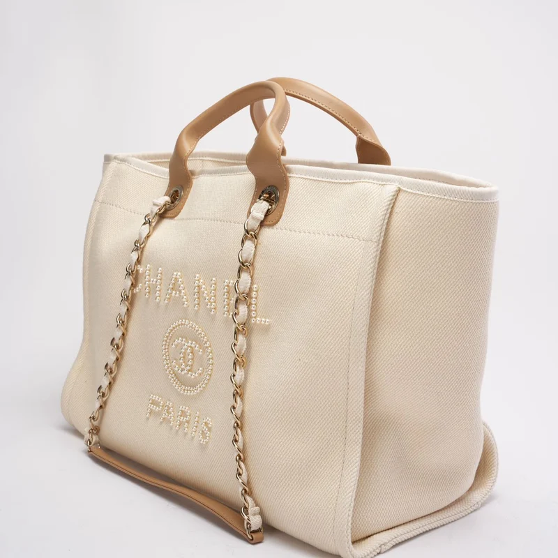 Chanel Deauville Shopping-Tasche mit großen weißen Perlen, Modell 2020