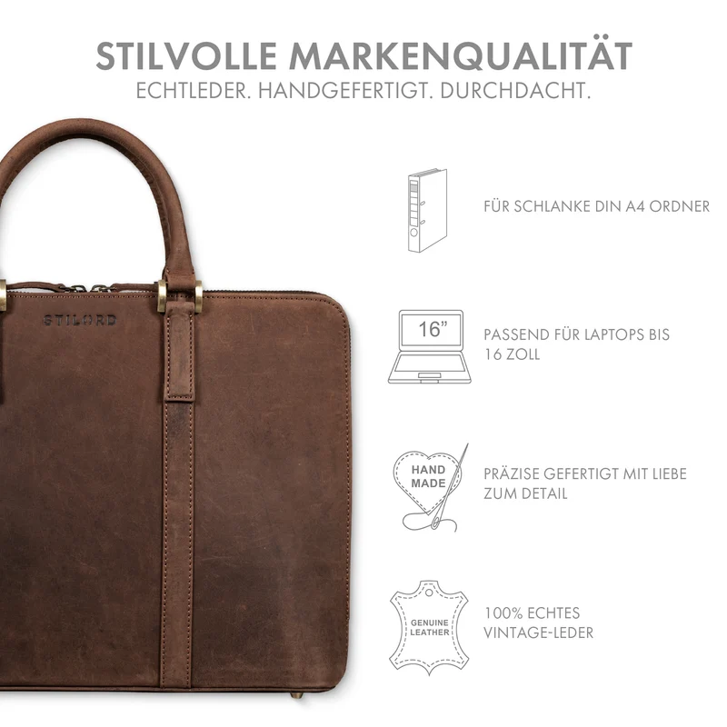 "Leonora" Schmale Aktentasche Damen Leder 15,6 - 16 Zoll Laptoptasche